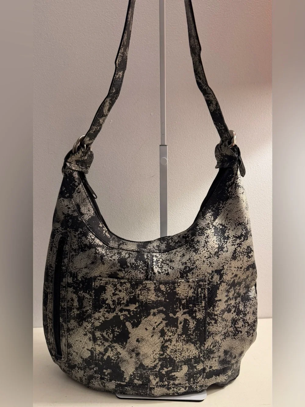 Elie metallic silver/black leather hobo bag.(Made in USA)